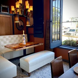 a table and chairs in a restaurant