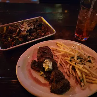 Hangar steak, fries, and the brussel sprouts