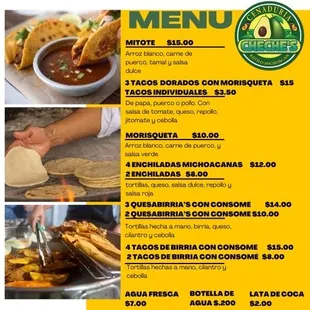 Menu 
Weekly Rotating special announced on instagram!