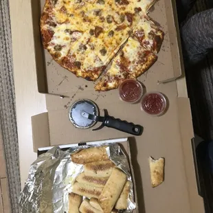 Pizza and breadsticks