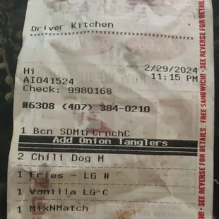 Receipt ripped so no survey code was on after 20 mins waiting and food wrong.
