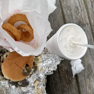 Swiss Mushroom Burger, Onion Rings &amp; Banana Milkshake