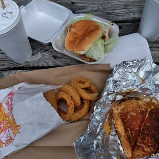 a sandwich and onion rings on a picnic table