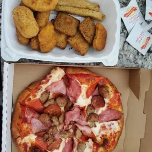 small all meat special pizza and appetizer sampler