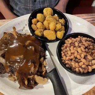 Hamburger steak with black eyed peas and fried okra