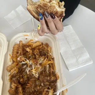 Tuna melt with avocado and chili fries