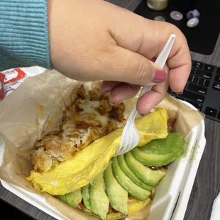 $8.50! (Bacon, sausage, tomato, avocado and cheese omelette with hash browns)