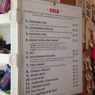 Lunch menu - cold items