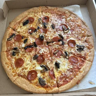Pepperoni, mushroom and onion pizza.