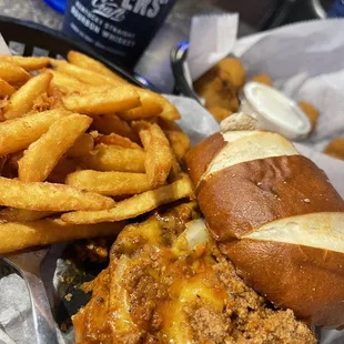 Day 4: The Check&apos;s Chili Burger with fries and a side of Fried Mushrooms. Bourbon &amp; Coke.