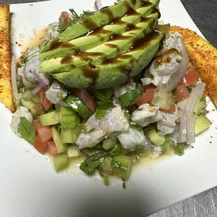 Tostada de ceviche de camarón
