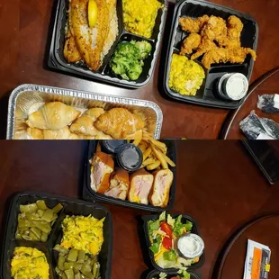 To go order. Blacked fish, chicken tenders, Monte Cristo