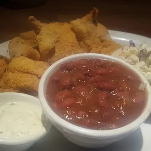 Catfish, colsaw, red beans and rice!!! Crazy good.