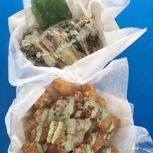Pesto tots and chimi quesadilla