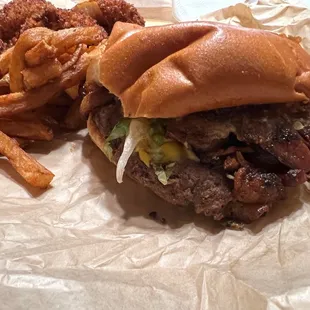 Cheese burger, fries, onion rings