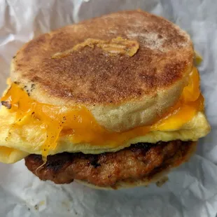 Breakfast sandwich with house made chicken sausage. My go to every time I&apos;m in the neighborhood