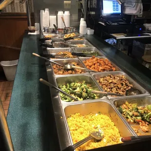 a buffet full of food