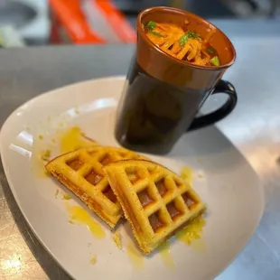 Our Mug of Chili with cornbread waffles.