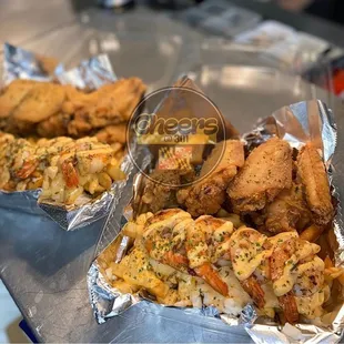 8 wings and Crab Fries with Grilled Shrimp