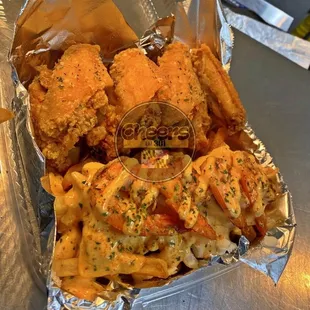 8 wings with crabfries add grilled shrimp