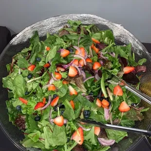 Our House Spring Salad topped with fresh blueberries, strawberries &amp; red onions. Served with Balsamic Vinaigrette dressing