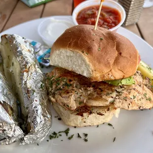 Chicken sandwich sub baked potato.