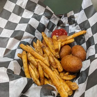 Kids plate, corn dog bites and fries