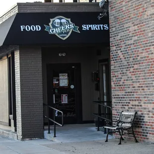 the entrance to a restaurant