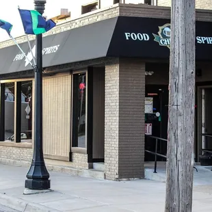 the entrance to a restaurant