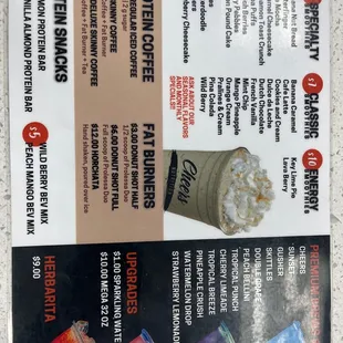 a menu for a variety of drinks