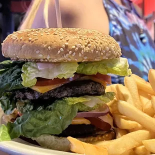 a hamburger and fries