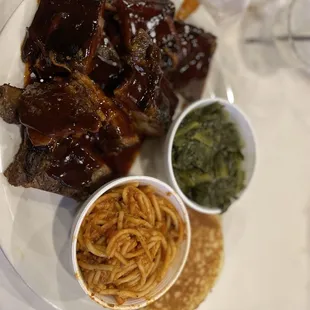 Smoked rib tips  Spaghetti  Greens