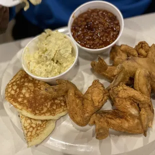 Fried chicken plate Potato salad Baked beans