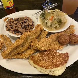 Fried catfish (came with 4), black eye peas, cabbage