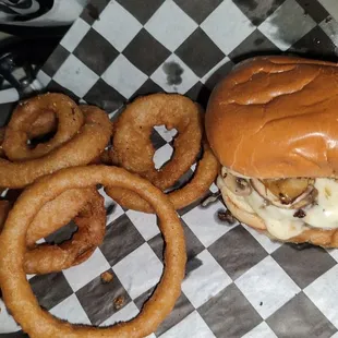 Mushroom Burger with Onion Rings