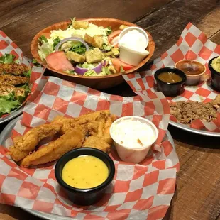 BBQ Pulled Pork Chicken Tenders Grilled Chicken Breast Garden Salad Mashed Potatoes Green Beans