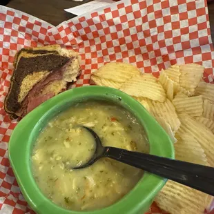 Half a Reuben sandwich and the green chili chicken soup lunch. I took a bite already in this pic.