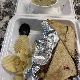Ruben on sourdough with green Chile soup