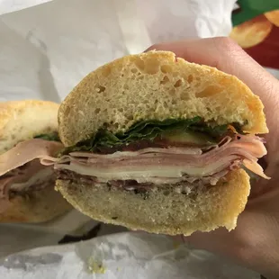 Italian combo sandwich (mortadella, coppa, salame, provolone) with all the toppings! Bread was perfect (not too hard/crisp that it stabs)