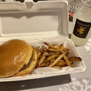 Plain hamburger (requested) over hand cut fries, Mom approved 12.3.20.