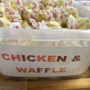 a container of chicken and waffle