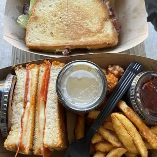 Pizza grilled cheese , frots (fries and tots) and blt minus the t !