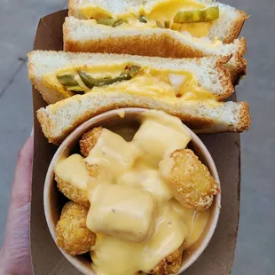 build your own grilled cheesy with jalapenos and onions and cheesy tots