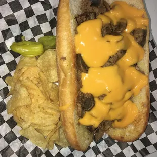 Philly cheesesteak. Create your own. I only wanted cheese and lots of mushrooms