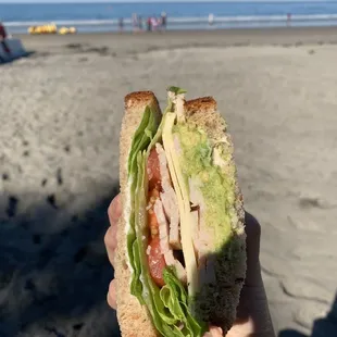 a person holding a sandwich on the beach