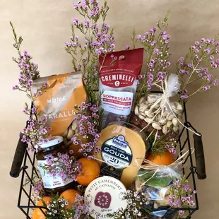 Gift Basket with Cheese, Salami, Jam, Nuts, Fresh Fruits, Dried Fruits, Crackers and Flowers