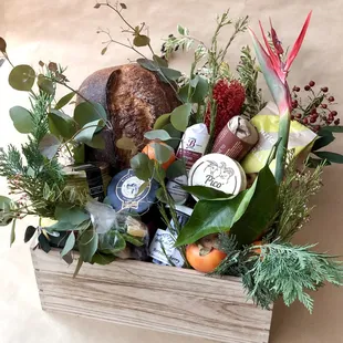 Medium Gift Crate with Cheese, Salami, Nuts, Fresh Fruits, Dried Fruits, Bub &amp; Grandma's Bread, Crackers, Jam and Flowers