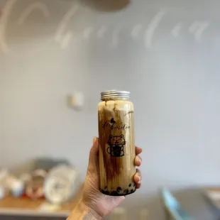 Brown sugar milk tea with boba and cheese foam