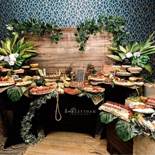 a variety of food displayed on a table