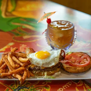 Ali&apos;i burger with a mai tai